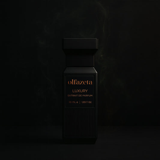 Essence Noire von Olfazeta: schwarzer geriffelter Flakon vor dunklem Hintergrund
