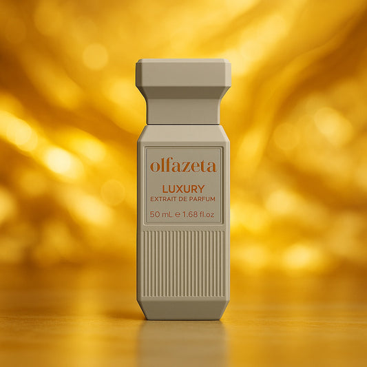 Pure Gold Intense von Olfazeta: heller geriffelter Flakon vor goldenen Lichtreflexen