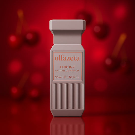 Ruby Love von Olfazeta: heller geriffelter Flakon vor rotem Hintergrund