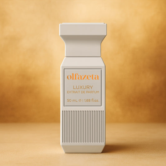 Soft Caress von Olfazeta: weisser geriffelter Flakon in warmem Licht