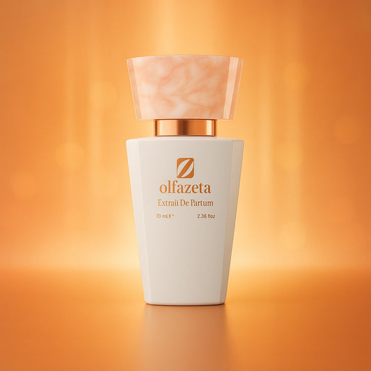 Unbending Woman von Olfazeta: weisser Flakon vor orangefarbenem Hintergrund