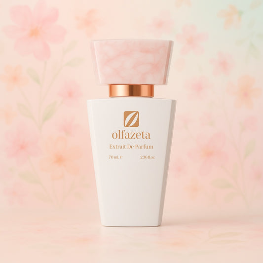 Wild Bloom von Olfazeta: weisser Flakon vor zartrosa Hintergrund