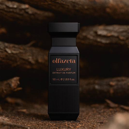 Woodland von Olfazeta: schwarzer geriffelter Flakon vor Holz